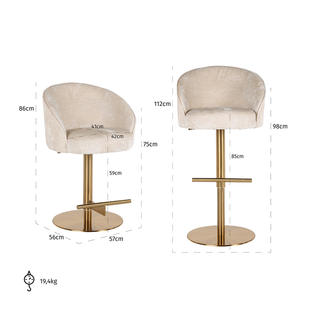Barhocker Zabi white chenille swivel